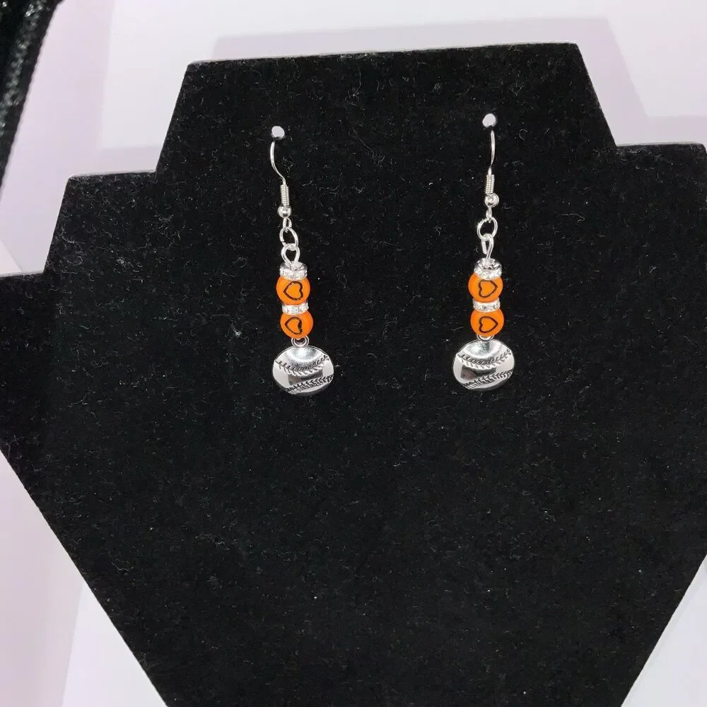 Baseball, Softball W/ Org. Hearts Hook Earrings Shiny Finish Silver PlayBall New